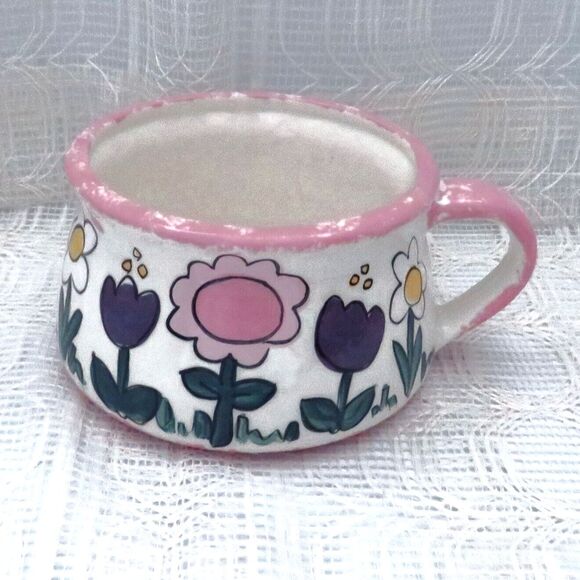 Handmade Vintage White Ceramic Soup Mug with Purple and Pink Flowers, Soup Cup - Picture 1 of 7